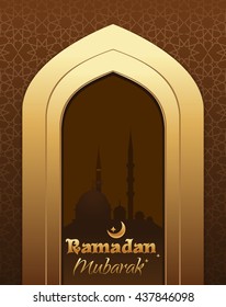 Greeting card with traditional Islamic pattern, arch in mosque, arabian night and stylish text Ramadan Mubarak. Ramadan Mubarak decorative background design. vector illustration