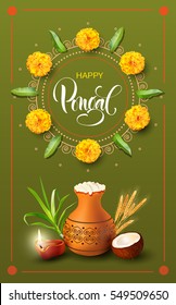 Greeting card with traditional mud pot for Indian harvest festival Pongal. Makar Sankranti background. Vector illustration.