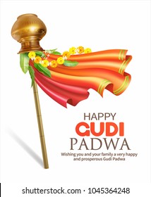 Greeting card with traditional symbol Gudhi for Indian New Year festival Gudi Padwa (Ugadi). Vector illustration.