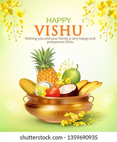 Greeting card with traditional vessel uruli with fruits, vegetables and konna flowers (cassia fistula) for South Indian New Year festival Vishu (Vishukani). Vector illustration.