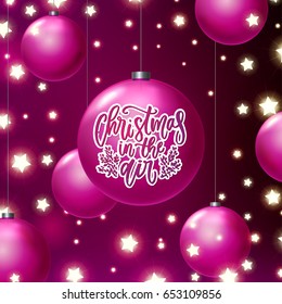 greeting card with tree balls  Hand drawn calligraphy. concept handwritten Christmas in the air  