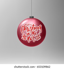 greeting card with tree balls  Hand drawn calligraphy. concept handwritten Christmas in the air  