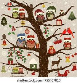 Greeting card with tree and Christmas birds, and Christmas elements