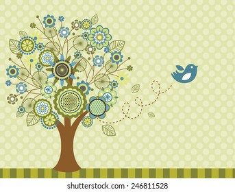 Greeting card with tree and flowers on green background