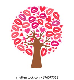 Greeting card with a tree hearts and lips traces