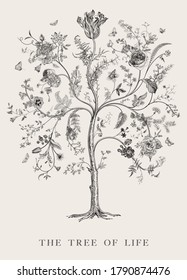 Greeting card. The Tree of Life. Vintage floral vector element. Victorian. Black and white