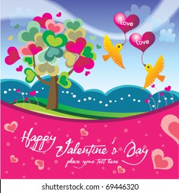 Greeting card with tree made of hearts & two birds