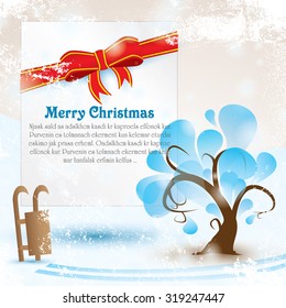 Greeting card with tree and Merry Christmas lettering for your text. Vector illustration with snow grunge