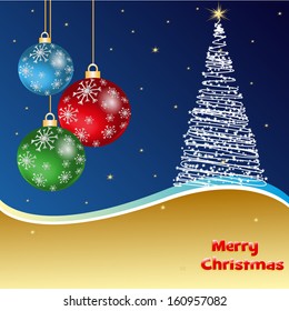 Greeting card with tree of snowflakes and balls, and Christmas copy space, vector