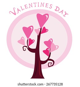 Greeting card with a tree whose leaves in the shape of heart. In round