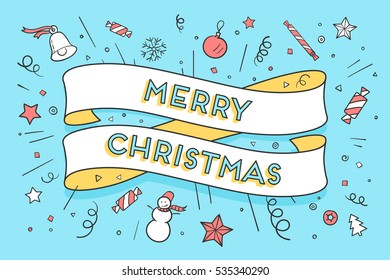 Greeting card with trendy ribbon and text Merry Christmas for Christmas theme. Vector Illustration