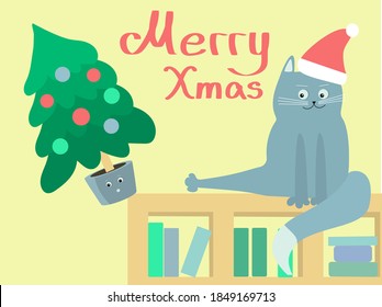 Greeting card with a tricky cat in a Santas hat, droping a decorated Christmas tree. Funny and cute Christmas scene for postcard, 
lettering "Merry Xmas".