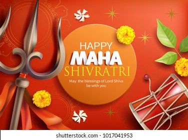 Greeting card with trishula, damru, bilva leaves, zendu and parijat flowers for Maha Shivratri, a Hindu festival celebrated of Shiva Lord. Vector illustration.Print