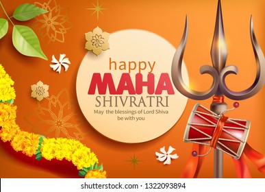 Greeting card with trishula, damru, bilva leaves and floral garland (with zendu flowers) for Maha Shivratri, a Hindu festival celebrated of Shiva Lord. Vector illustration.