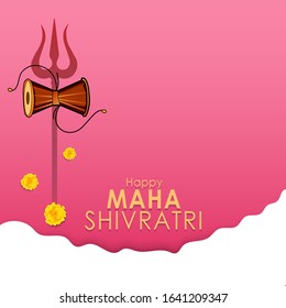 Greeting card with trishula, damru, flowers for Maha Shivratri, a Hindu festival celebrated of Shiva Lord. Vector illustration