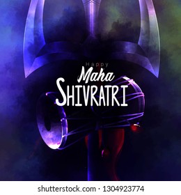 Greeting card with trishula for Maha Shivratri, a Hindu festival celebrated of Lord Shiva with damru and smoky black blue background