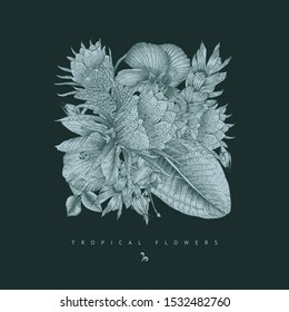 Greeting card with tropical flowers, can be used as invitation card for wedding, birthday and other holiday and  summer background. Vector illustration. Botanical art.  Engraving style

