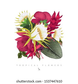 Greeting card with tropical flowers, can be used as invitation card for wedding, birthday and other holiday and  summer background. Vector illustration. Botanical art.  Engraving style

