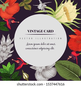 Greeting card with tropical flowers, can be used as invitation card for wedding, birthday and other holiday and  summer background. Vector illustration.  Botanical art.  Engraving style
