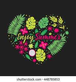 Greeting card with tropical flowers, palm leaves, monstera. Enjoy summer. Floral heart on black background. Vector illustration