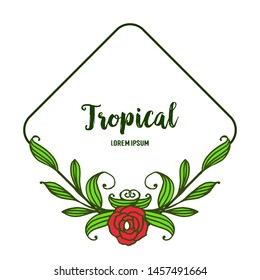 Greeting card tropical, isolated on white backdrop, cute leaf red flower frame. Vector