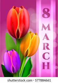 Greeting card with tulips. International Women's Day.