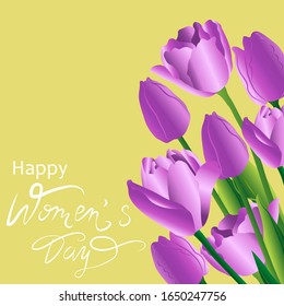 Greeting card with tulips.
March 8 - International Women's Day. Happy Women's Day.Lettering March 8, Women's Day.Vector illustration