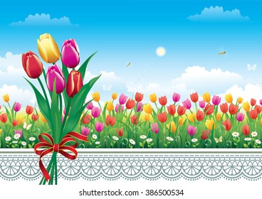 Greeting card with tulips and ornaments