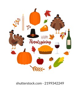 Greeting card with turkey and holiday symbols . Happy Thanksgiving! Vector illustration.