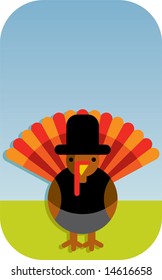 Greeting card with a turkey wearing special clothes for the thanksgiving day