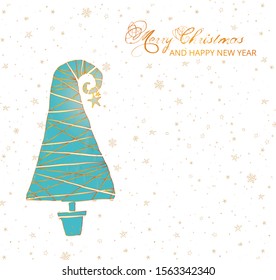 Greeting card with turquoise christmas tree and gold snowflakes on white background