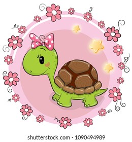 Greeting card Turtle with flowers on a pink background