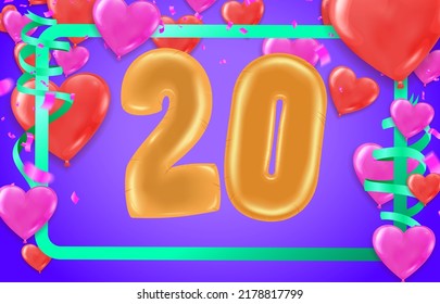 greeting card for twenty year Happy birthday number 20 in fun art style with party confetti. Anniversary invitation, congratulations or design