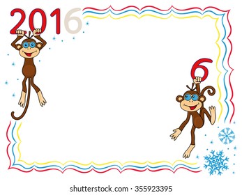 Greeting card with two Amusing Monkeys and inscription 2016, cartoon vector artwork on the winter background with frame and snowflakes