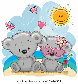 Greeting card Two Bears in a cap on the beach