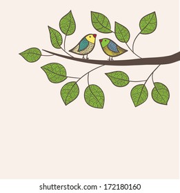 Greeting card with two birds set on tree, in vector