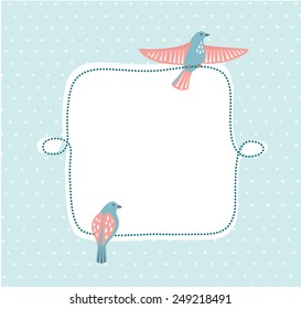 Greeting card with two birds sitting on the frame.One spread its wings and one folded its wings