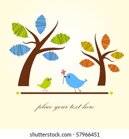 Greeting Card With Two Birds Under Tree