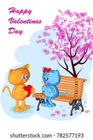 greeting card two cats valentine's day gives heart love tenderness surprise girl woman bench tree blooming cherry blue background cartoon style