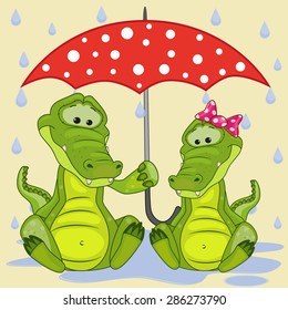 Greeting card two Crocodiles with umbrella
