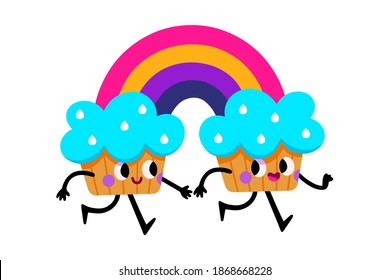 Greeting card with two cupcake friends and rainbow. Vector character cupcakes happily running together with the rainbow behind them.