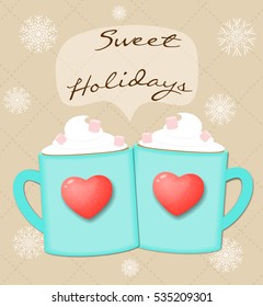 Greeting card with two cups of coffee, paper stylized