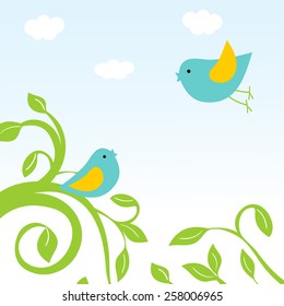 Greeting card with two cute birds on the tree