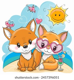 Greeting card Two Cute Cartoon Foxes on the beach