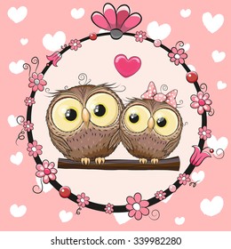 Greeting card with Two cute Cartoon Owls