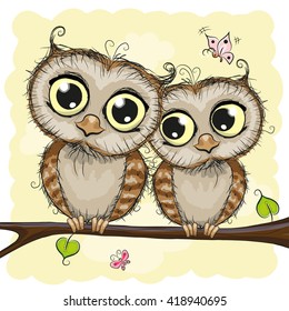 Greeting card with Two cute Cartoon Owls