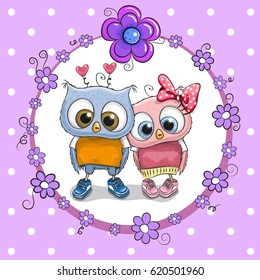 Greeting card with Two cute Cartoon Owls
