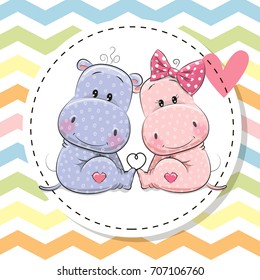 Greeting Card with Two cute cartoon Hippos