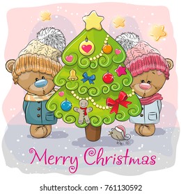 Greeting card Two Cute Cartoon Teddy Bears in a hats
