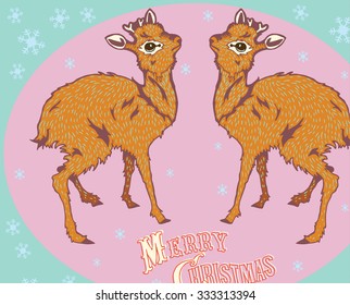 Greeting card with two cute Deer.New Year card. Hand Drawn Vector Illustration.
